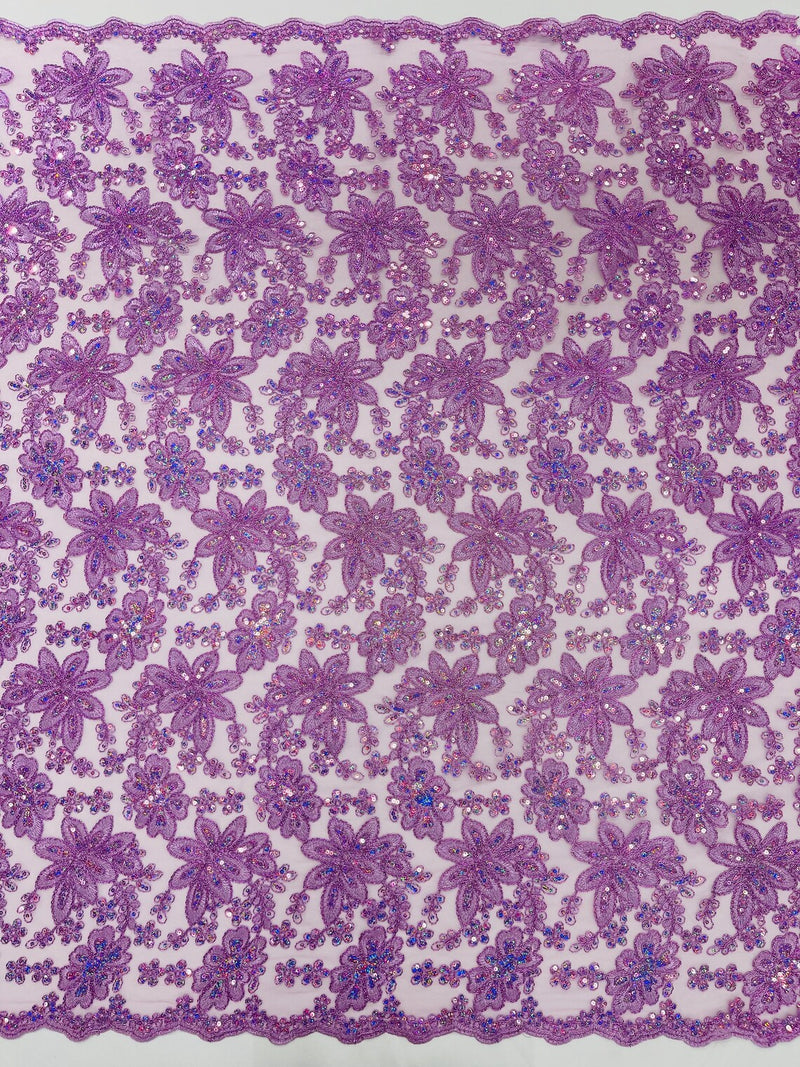 Metallic Floral Lace Fabric - Lilac - Hologram Sequins Floral Metallic Thread Fabric by Yard