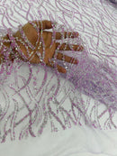 Beaded Wavy Fabric Design - Lilac - Bead and Sequins Wavy Lace Fabric By Yard