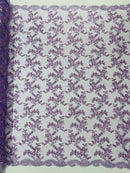 Sequin Lace Floral Fabric - Lilac - Flower Embroidered Sequins Lace Fabric Sold By Yard