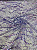 Wavy Leaf Lines Fabric - Lilac - Beaded Sequins Leaf Pattern Embroidered On Mesh By Yard