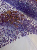 Floral Plant Bead Design - Lilac - Beaded Flower Plants Embroidered  Sequins Fabric By Yard