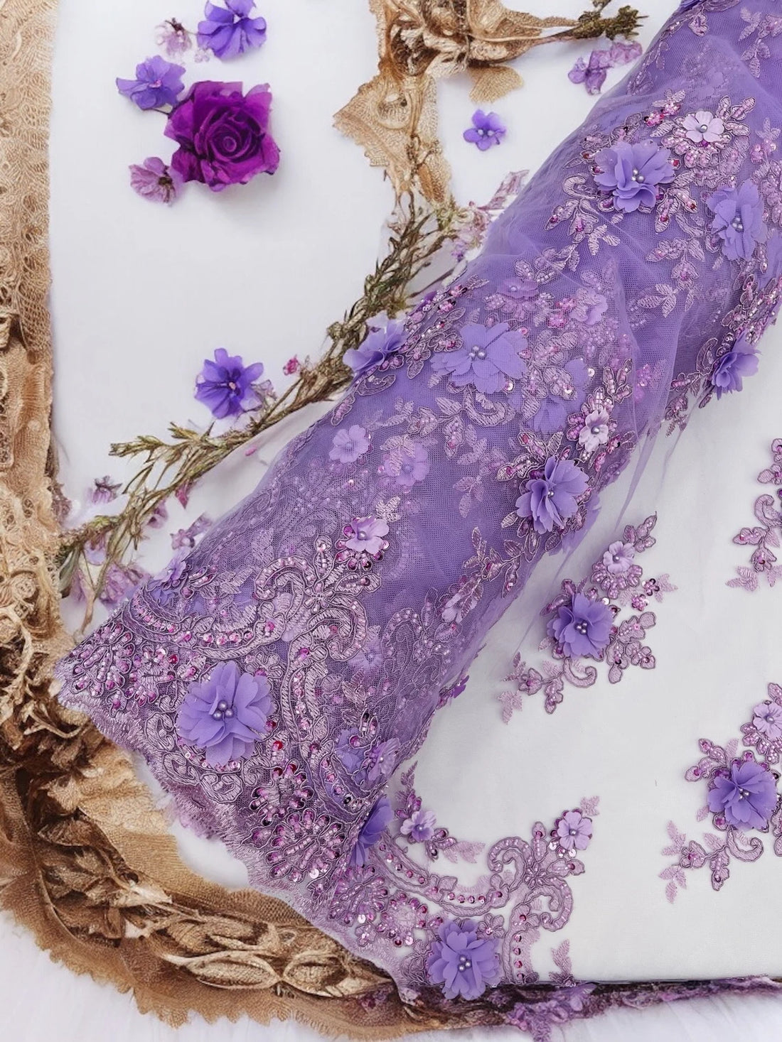 Lilac Lace 3D Fabric Lace 3d lilac Fabric bridal fashion lace floral lilac 3D fabric lilac Tulle embroidery Fashion lace floral By the 0.5 m