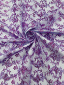 Metallic Floral Butterfly Fabric - Lilac - Embroidered Floral Butterfly Design Mesh Fabric by Yard