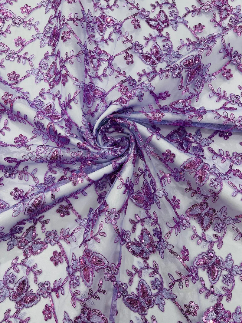 Metallic Floral Butterfly Fabric - Lilac - Embroidered Floral Butterfly Design Mesh Fabric by Yard