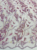 Multi-Color Floral Leaf Fabric - Lilac - Sequins Lace Flower Fabric Sold By Yard