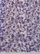 Floral Plant Bead Design - Lilac - Beaded Flower Plants Embroidered  Sequins Fabric By Yard