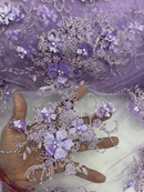 3D Flower Pearl Design - Lilac - Embroidered Sequins Floral Clusters Lace Fabric By Yard