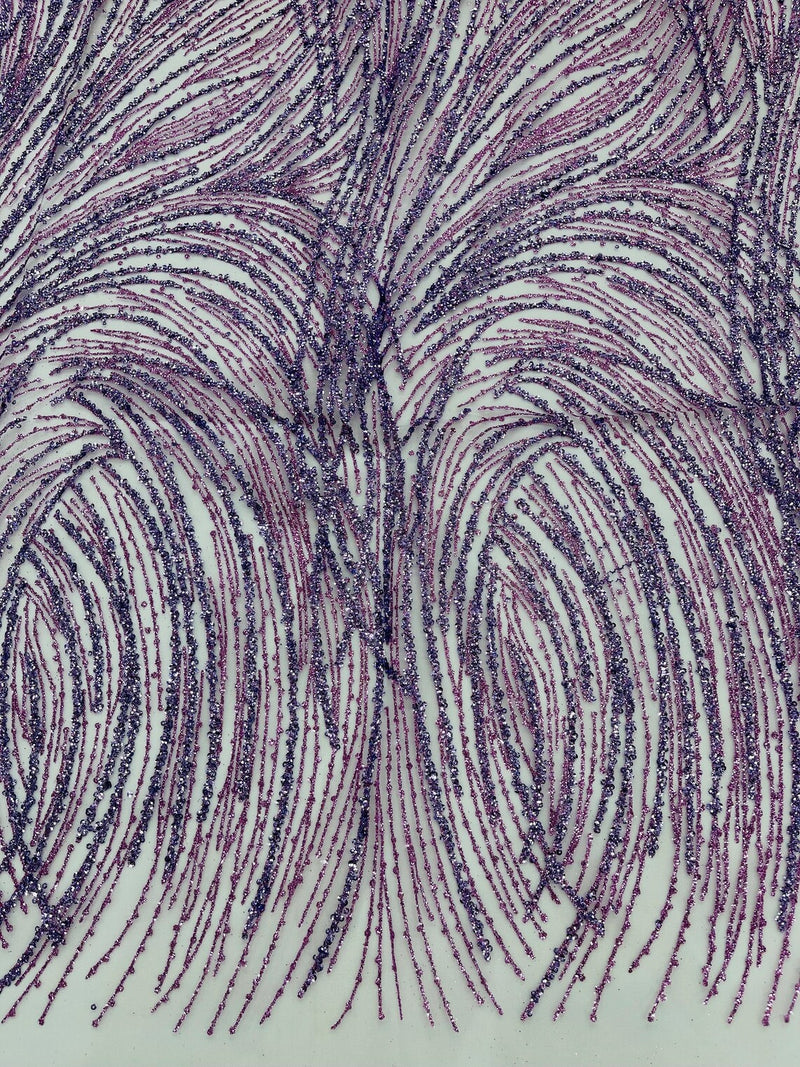 Glitter Lines on Tulle Lace Fabric - Lilac - Tulle Glitter Mesh Line Design Fabric Sold By Yard