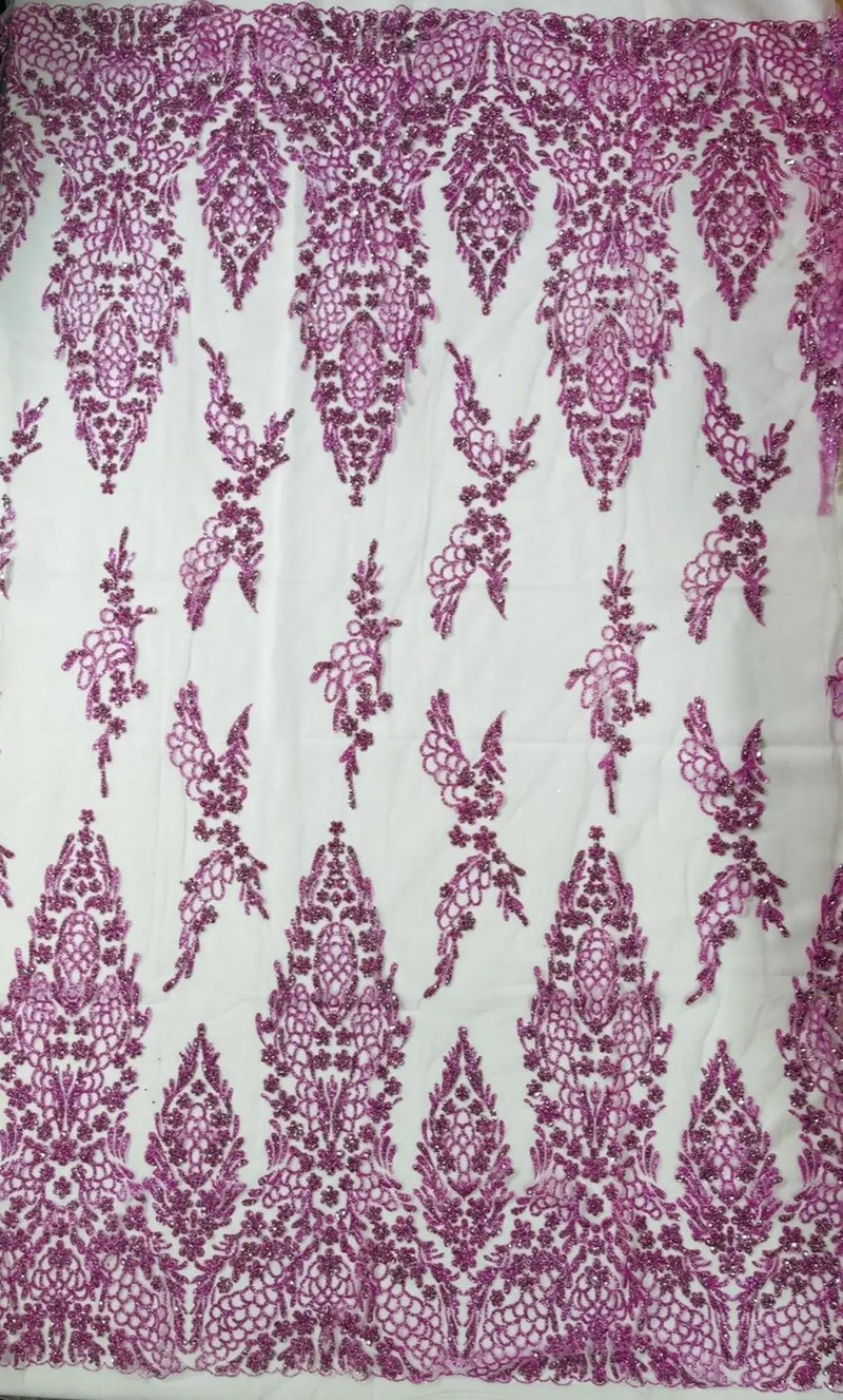 Fancy Rhinestone Glitter Fabric - Lilac - Embroidered Damask Design Glitter Mesh Fabric by Yard