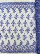 3D Floral Fabric - Lilac - Embroidered Flower with Rhinestone and Sequins Fabric Sold By Yard