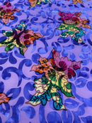 Floral Burnout Stretch Velvet - Lilac - Multi-Color Velvet Burnout Fabric Sold By The Yard