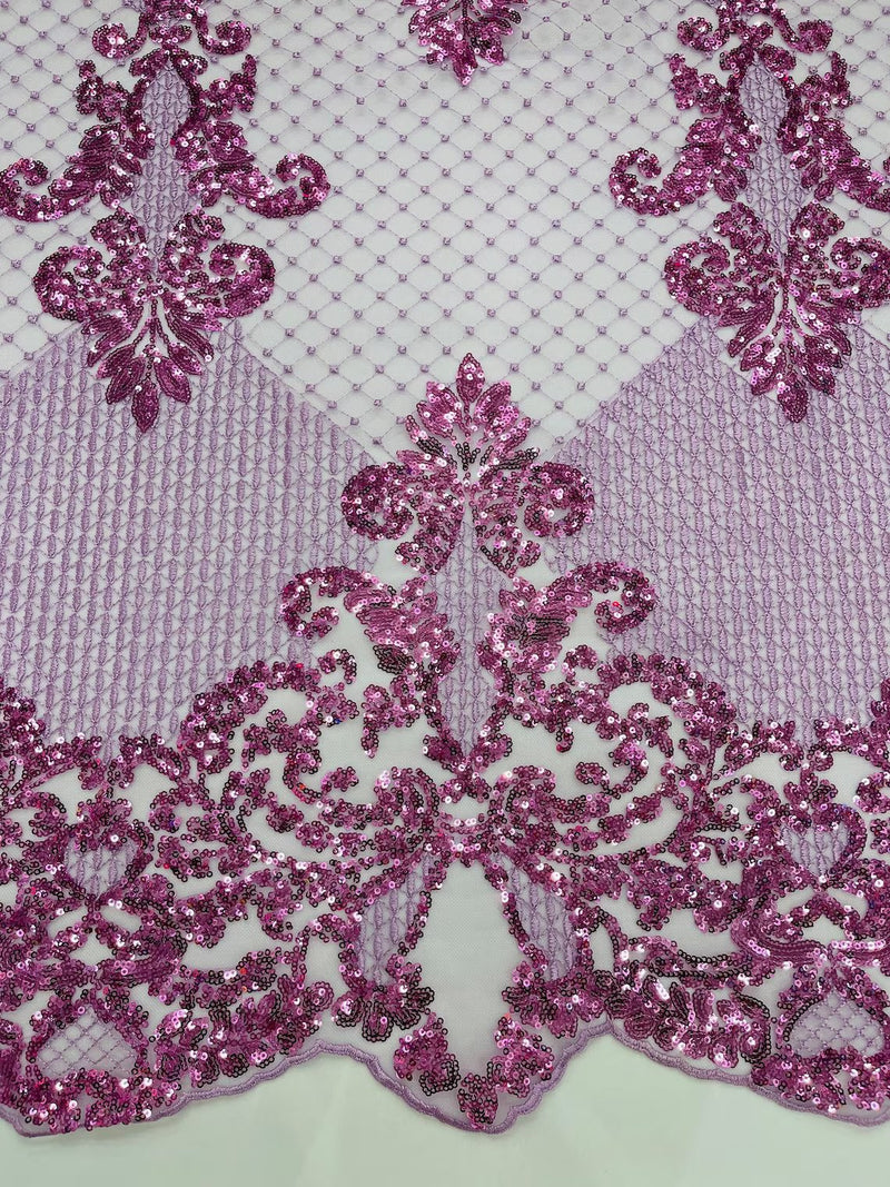 King Damask Lace Fabric - Lilac - Corded Embroidery with Sequins on Mesh Lace Fabric By Yard
