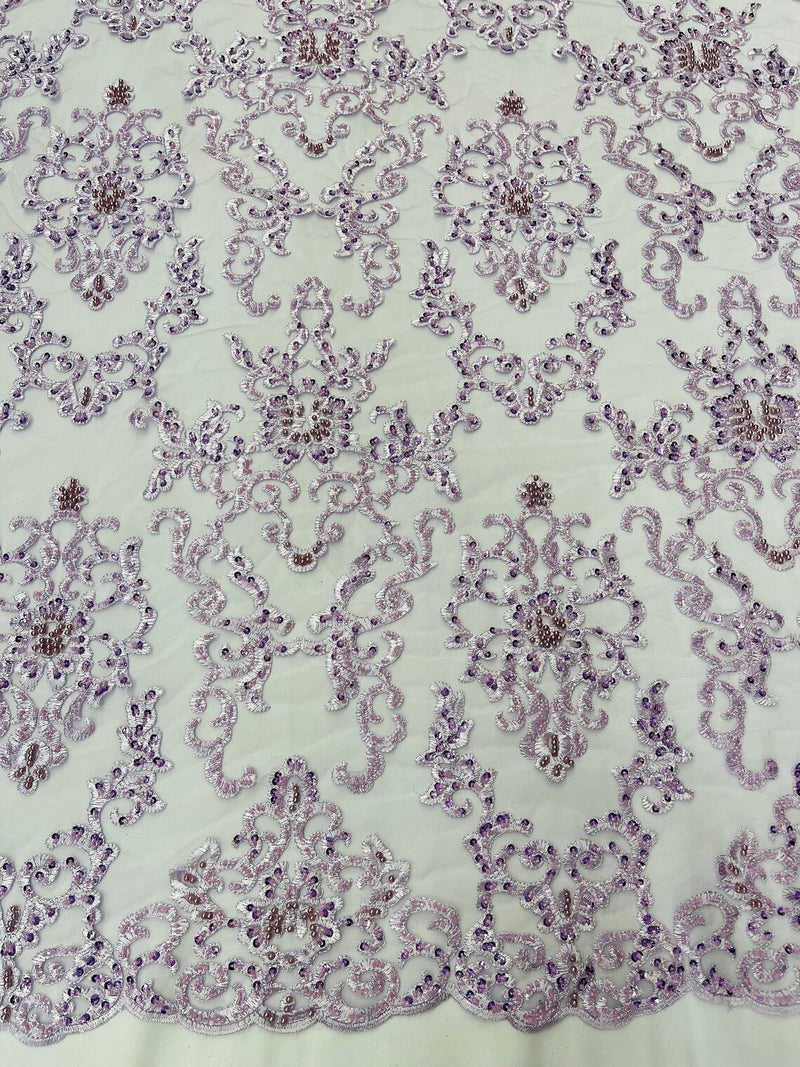 Beaded Butterfly Pattern Fabric - Lilac - Damask Fancy Bead Sequins Fabric Sold by Yard