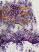 Tauros Beaded Design - Lilac - Floral Beads and Sequins Embroidered on a Mesh Sold By Yard