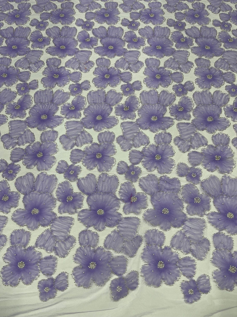 3D Tulle Flower Bead Fabric - Lilac - Mesh Flowers with Small Pearls and Beads By The Yard