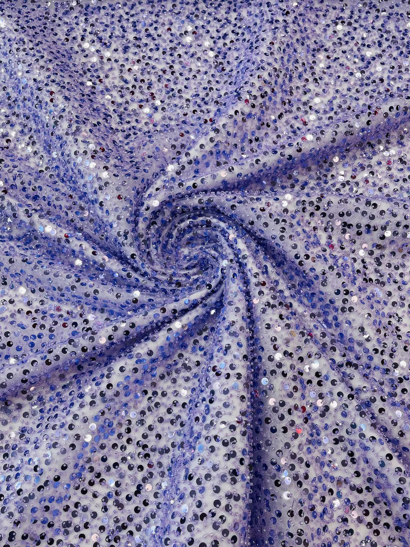 Beaded Sequins Pearl Fabric - Lilac - Embroidered Pearl Beads and Sequins on Lace By Yard