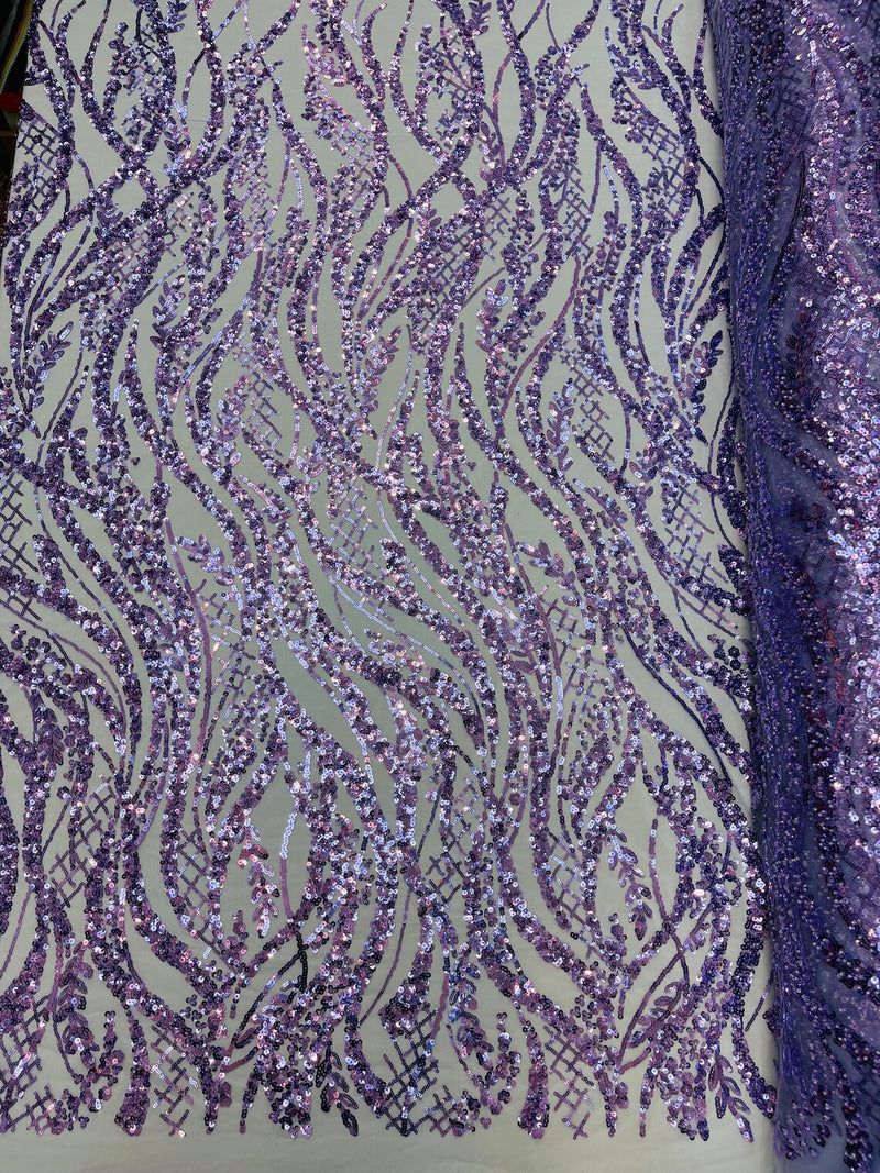 Wavy Floral Beaded Fabric - Lilac - Geometric Beaded Sequins Embroidered Fabric Sold By Yard