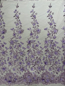 3D Glitter Floral Fabric - Lilac - Glitter Sequin Flower Design on Lace Mesh Fabric by Yard