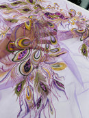Peacock Feathers Design Lace - Lilac - Embroidered Multi-Color Peacock Lace Fabric Sold by Panel