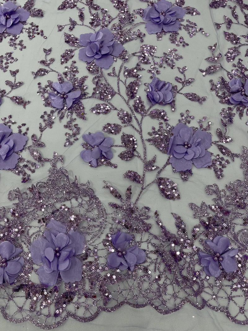 Big Flower 3D Glitter Fabric - Lilac - Embroidered Floral Sequins Design Fabric by Yard