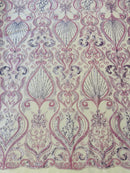 Leaf Damask Bead Fabric - Lilac - Embroidered Sequins Heavy Beaded Lace Fabric by Yard