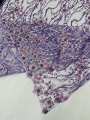 Flower Lines Bead Fabric - Lilac - Beaded Flower Fabric with Curled Long Lines Pattern By Yard