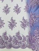 Flower Lace Sequins Fabric - Lilac - Embroidered Floral Pattern Fabric with Sequins on Lace By Yard