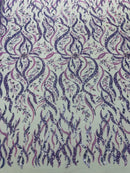 Copy of Floral & Leaf Pattern Bead Fabric - Lilac - Embroidered Beaded Rhinestone on a Mesh, Sold By Yard