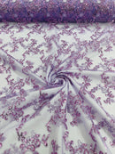 Sequin Lace Floral Fabric - Lilac - Flower Embroidered Sequins Lace Fabric Sold By Yard