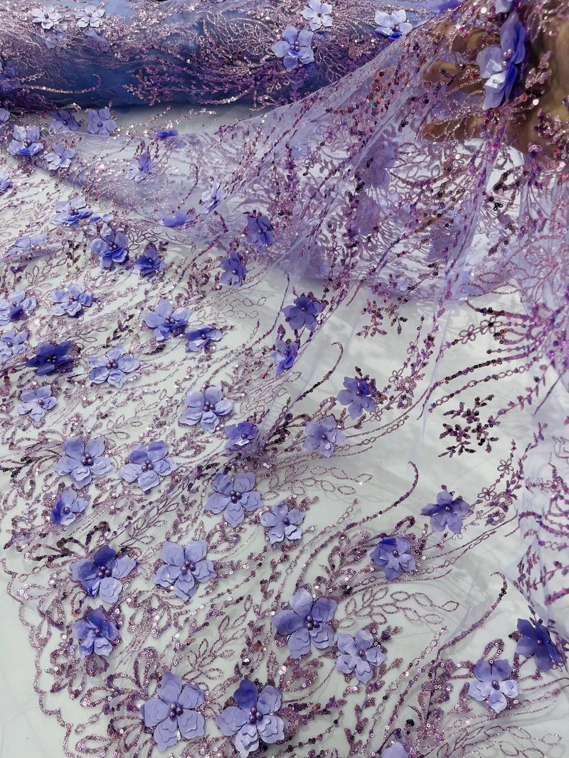 Flower 3D Glitter Fabric - Lilac - Embroidered Floral Sequins Design Fabric by Yard