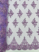 Floral Damask Bead Fabric - Lilac - Embroidered Floral Clusters with Beads / Sequins by Yard