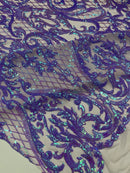 Heart Shape Sequins Fabric - Lilac - 4 Way Stretch Sequins Damask Fabric By Yard