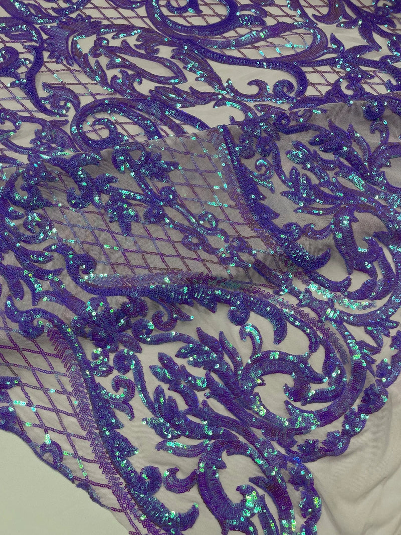 Heart Shape Sequins Fabric - Lilac - 4 Way Stretch Sequins Damask Fabric By Yard