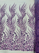 Wavy Lines Leaf Bead Fabric - Lilac - Embroidered Leaf Beaded Mesh By Yard