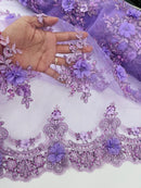 3D Floral Sequins Design - Lilac - Embroidered Floral Lace Fabric With Sequins / Pearls By Yard