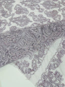 My Lady Beaded Fabric - Lilac - Damask Beaded Sequins Embroidered Fabric By Yard