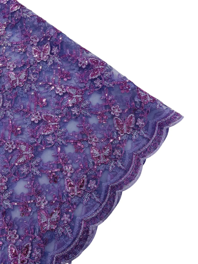 Metallic Floral Butterfly Fabric - Lilac - Embroidered Floral Butterfly Design Mesh Fabric by Yard