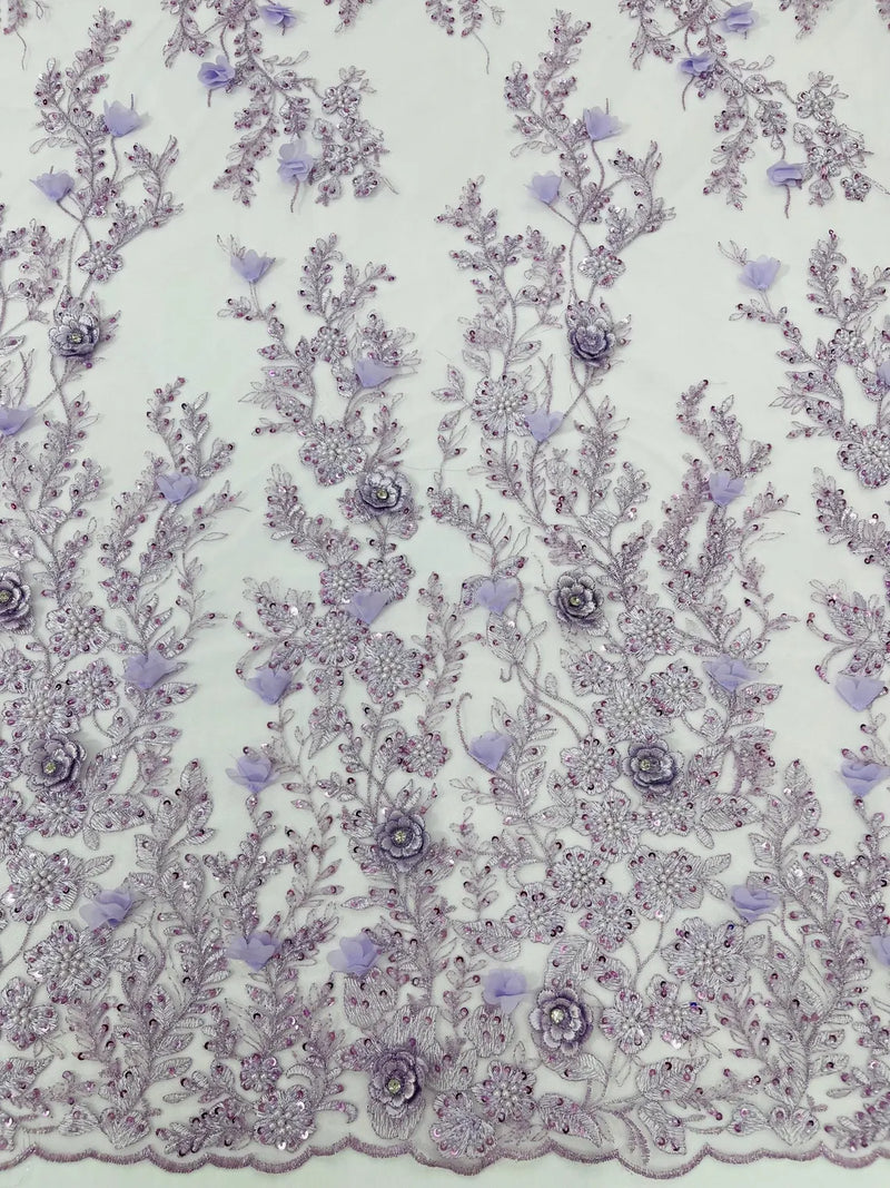 3D Rhinestone Flower Design - Lilac - Flower Sequins  Embroidered Lace Fabric By Yard