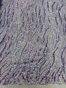 Wavy Leaf Lines Fabric - Lilac - Beaded Sequins Leaf Pattern Embroidered On Mesh By Yard