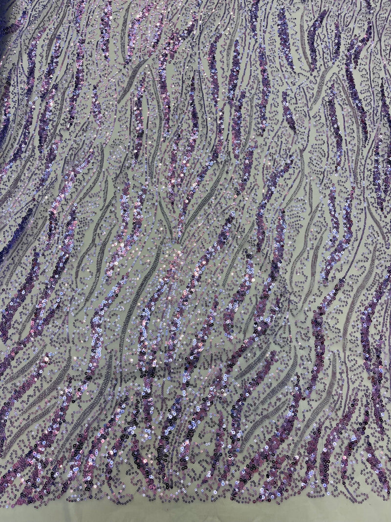 Wavy Leaf Lines Fabric - Lilac - Beaded Sequins Leaf Pattern Embroidered On Mesh By Yard