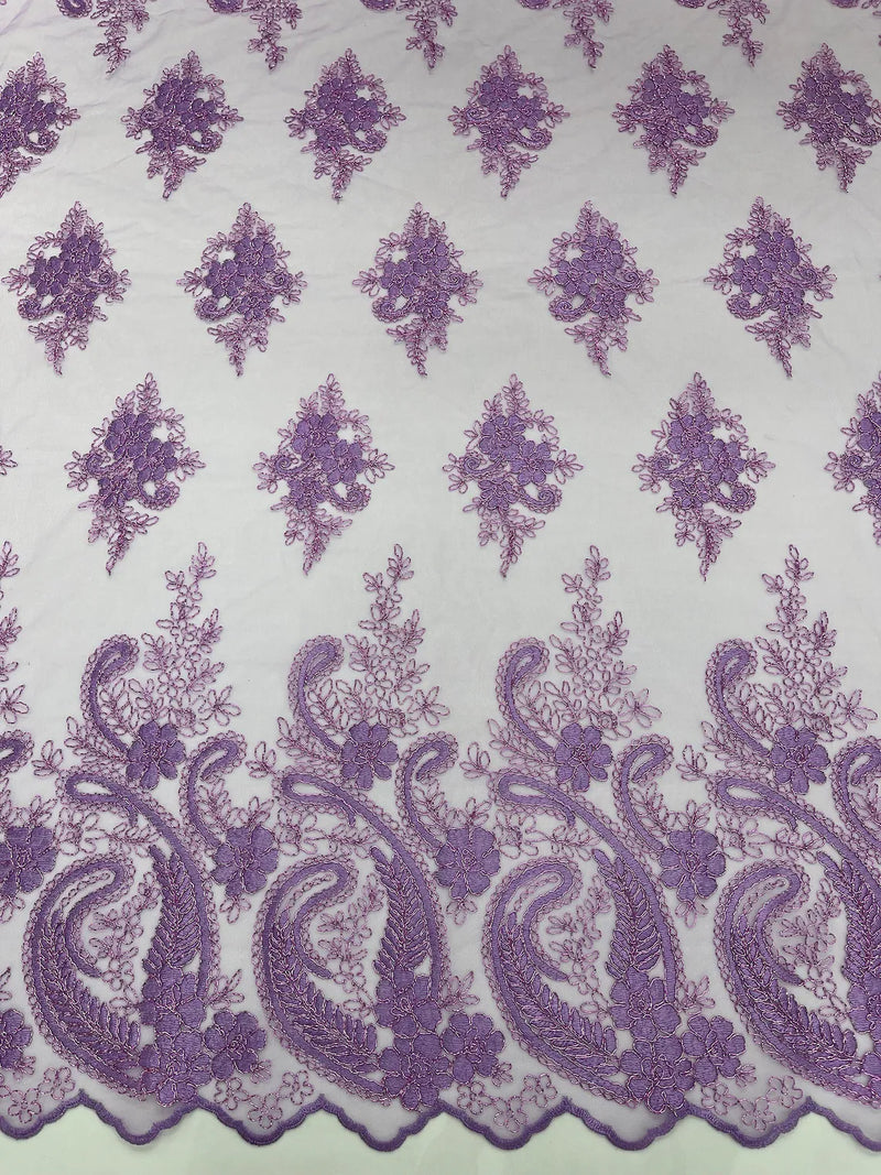 Metallic Paisley Floral Lace - Lilac - Corded Floral Lace with Metallic Thread on Mesh By Yard