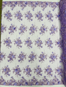 3D Flower Pearl Design - Lilac - Embroidered Sequins Floral Clusters Lace Fabric By Yard