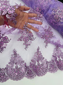 Floral Damask Bead Fabric - Lilac - Embroidered Floral Clusters with Beads / Sequins by Yard