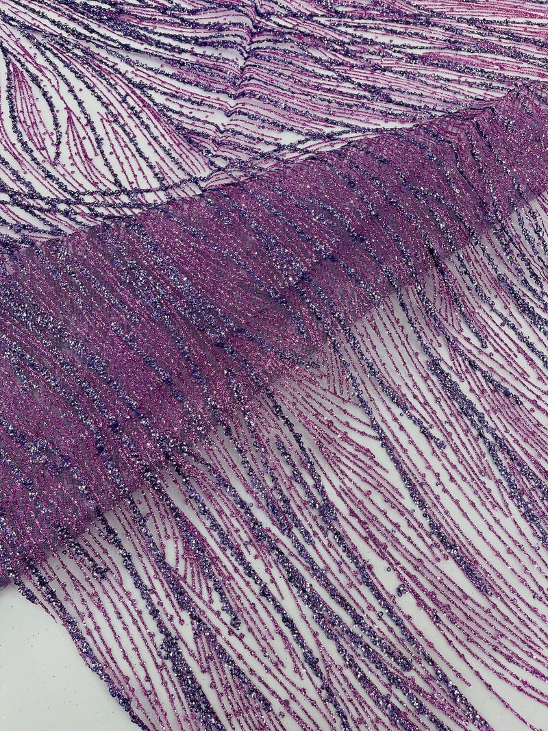 Glitter Lines on Tulle Lace Fabric - Lilac - Tulle Glitter Mesh Line Design Fabric Sold By Yard