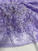 Sequins Satin Rosette Fabric - Lilac - 3D Satin Rose Sequins Floral Fabric Sold By The Yard