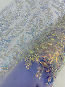 Beaded Iridescent Leaf Design - Clear on Lilac - Leaf Sequins Bead Design Mesh Fabric by yard