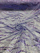 Wavy Leaf Lines Fabric - Lilac - Beaded Sequins Leaf Pattern Embroidered On Mesh By Yard
