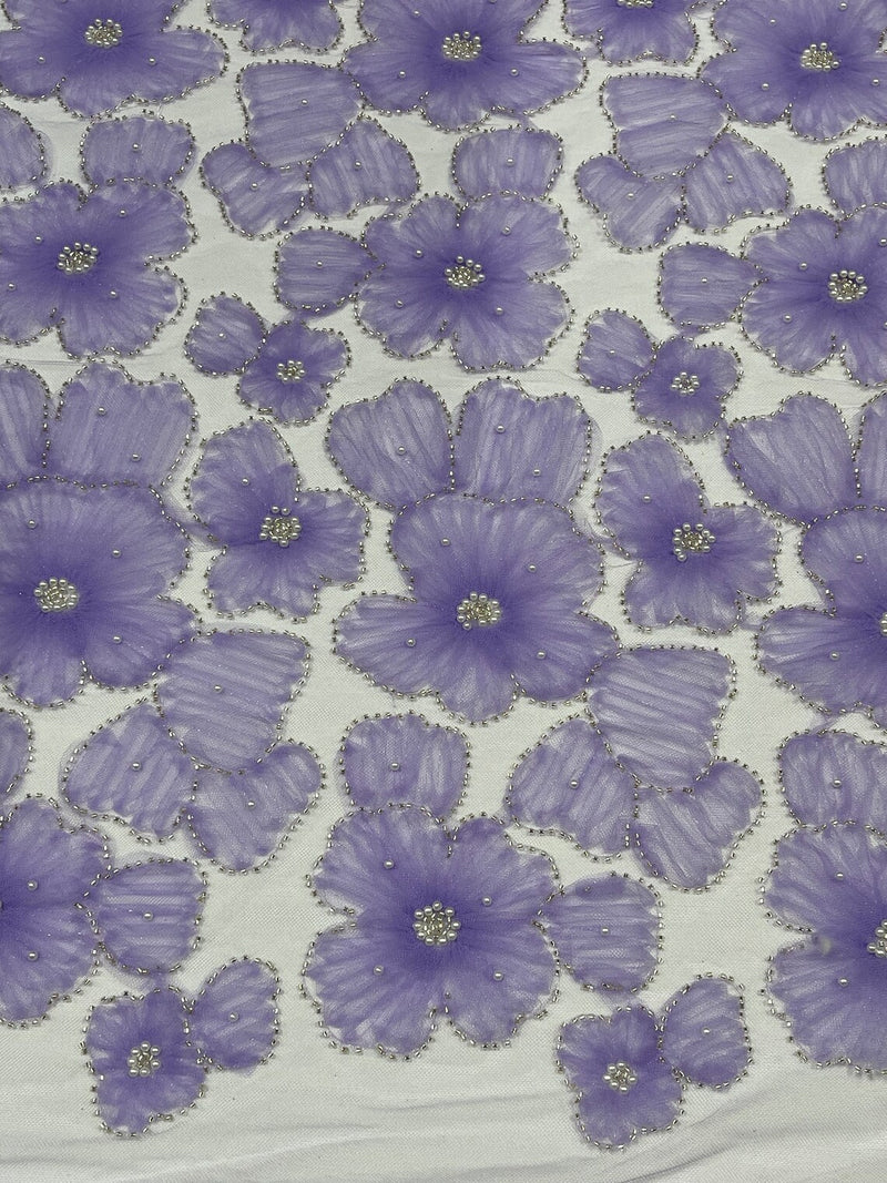 3D Tulle Flower Bead Fabric - Lilac - Mesh Flowers with Small Pearls and Beads By The Yard