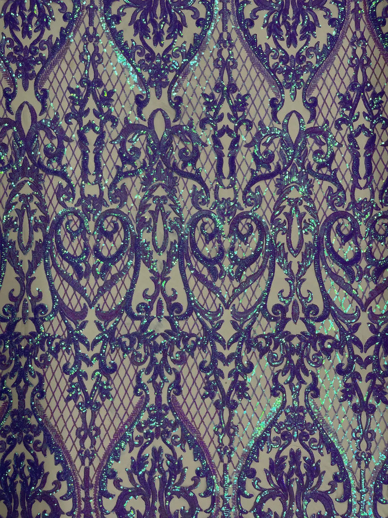 Heart Shape Sequins Fabric - Lilac - 4 Way Stretch Sequins Damask Fabric By Yard