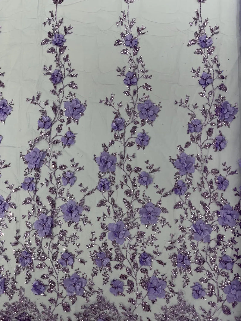 Big Flower 3D Glitter Fabric - Lilac - Embroidered Floral Sequins Design Fabric by Yard